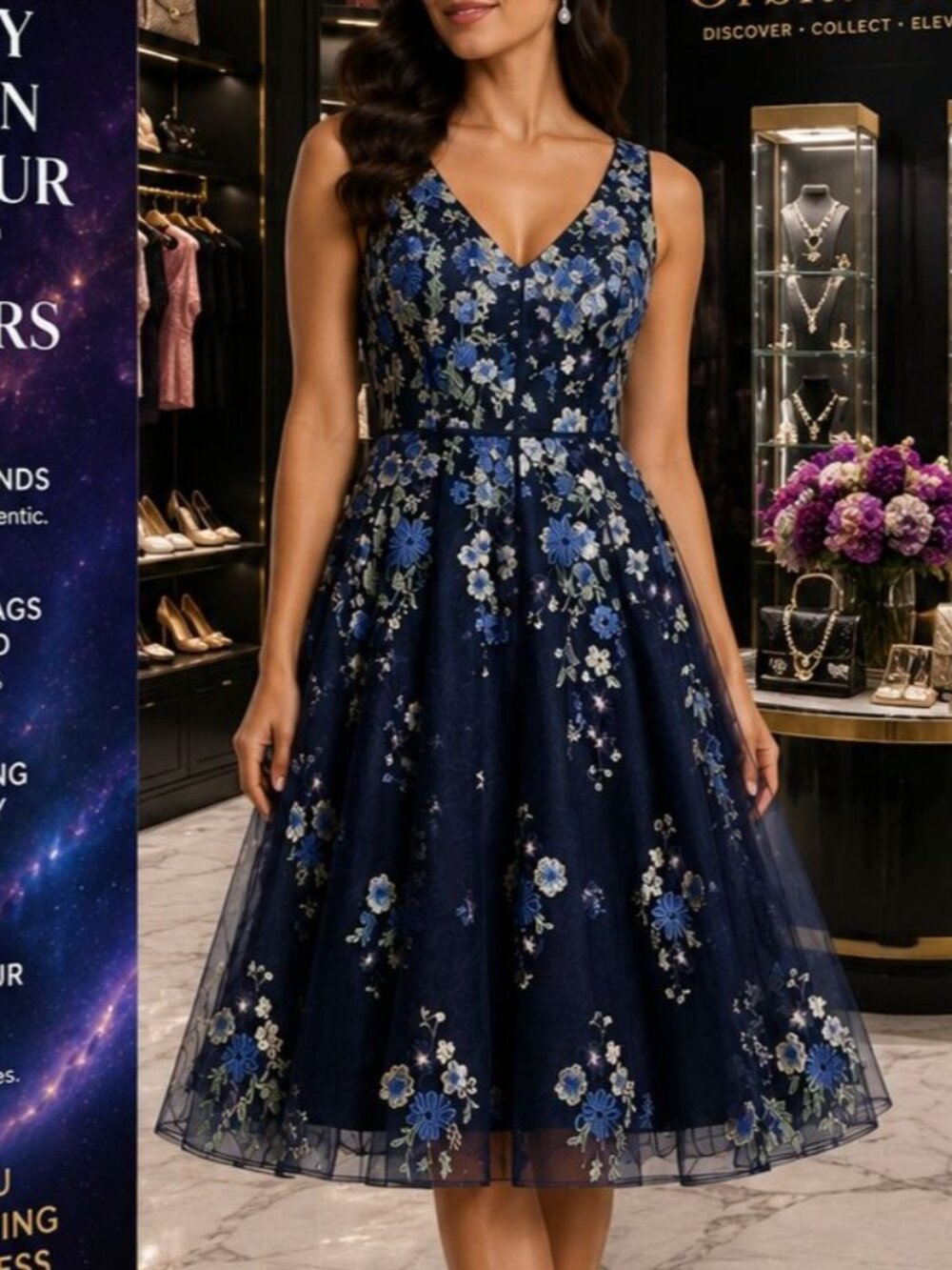 Alex Evenings Dress Sz 12 Navy Blue Floral Embroidered Mesh Fit & Flare NWT
